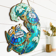 Gift For Grandma,Grandma - Grandkids,Gift For Mother,Beach,Happy,Non-Eng,Icon,Grateful - First Mom Now Grandma Turtle - Personalized Custom Shaped Wood Sign
