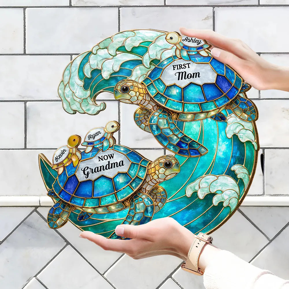 Gift For Grandma,Grandma - Grandkids,Gift For Mother,Beach,Happy,Non-Eng,Icon,Grateful - First Mom Now Grandma Turtle - Personalized Custom Shaped Wood Sign
