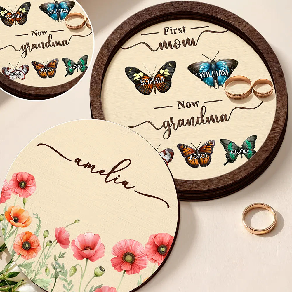 First Mom Now Grandma Watercolor Flower - Personalized 2-Layered Wooden Ring Dish