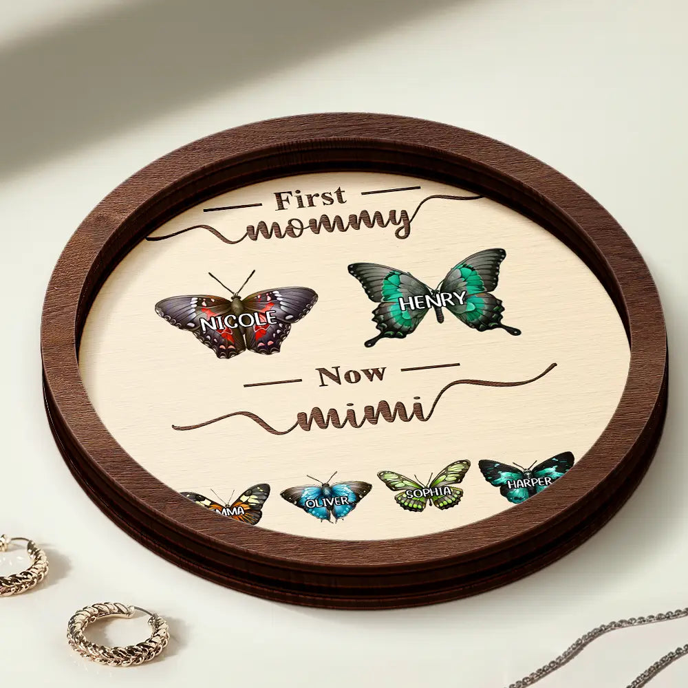 Gift For Grandma,Grandma - Grandkids,Gift For Grandparents,Gift For Mother - First Mom Now Grandma Watercolor Flower - Personalized 2-Layered Wooden Ring Dish