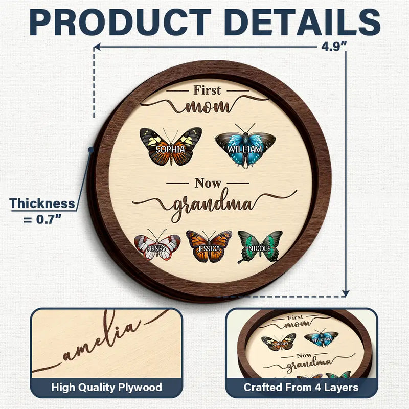 Gift For Grandma,Grandma - Grandkids,Gift For Grandparents,Gift For Mother - First Mom Now Grandma Watercolor Flower - Personalized 2-Layered Wooden Ring Dish