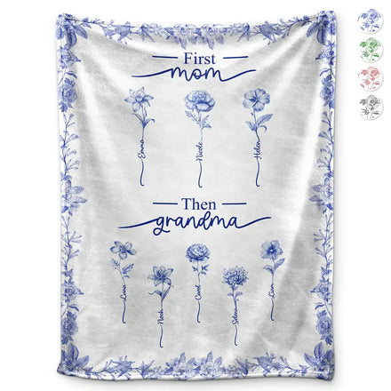 First Mom Then Grandma Birth Month Flower Chinoiserie Toile - Personalized Fleece Blanket, Sherpa Blanket
