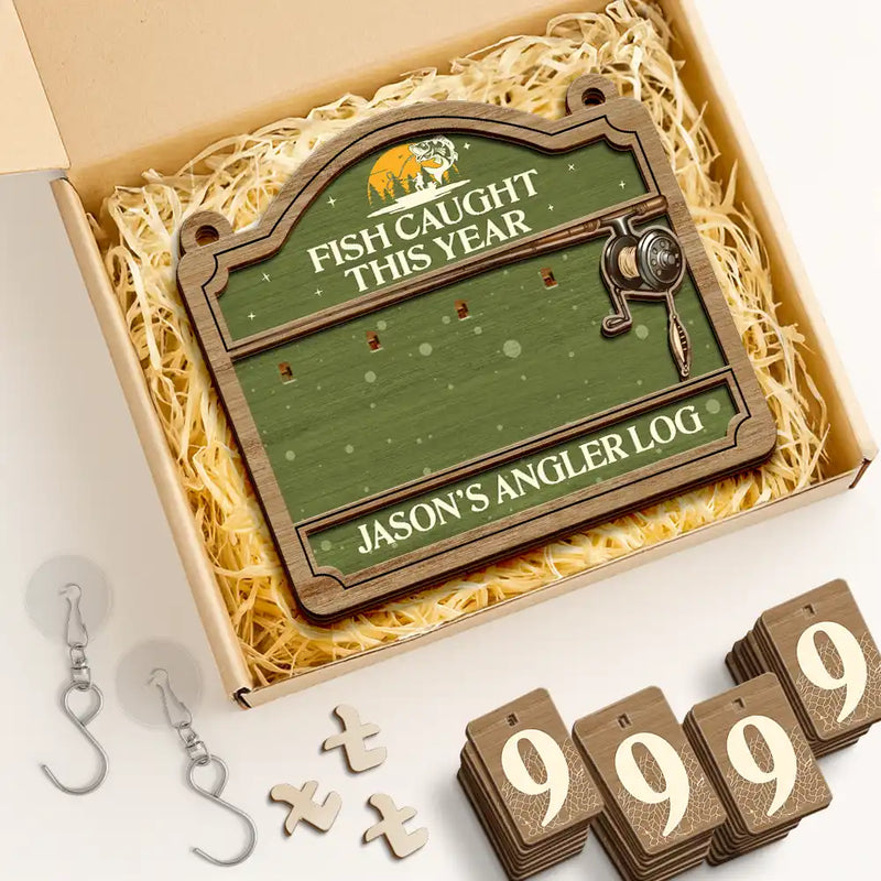 Gift For Women,Gift For Men,Gift For Yourself,Happy,Fishing - Fish Caught This Year - Personalized Hanging Tracker Sign