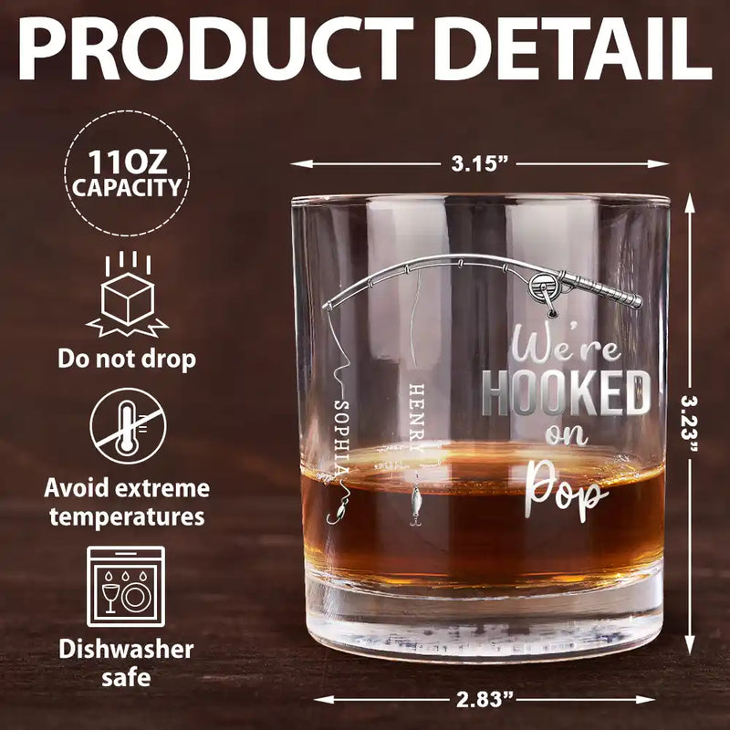 Gift For Father,Gift For Grandpa,Happy,Fishing,Non-Eng,Proud - Fishing We Are Hooked On Daddy - Personalized Whiskey Glass
