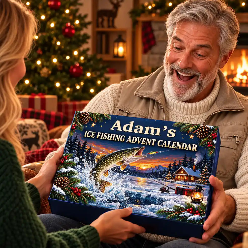 Christmas, Custom Text, Fishing, Happy - Fishing Gift For Husband And Son, Daughter - Personalized Custom Name Christmas Countdown Box Advent Calendar