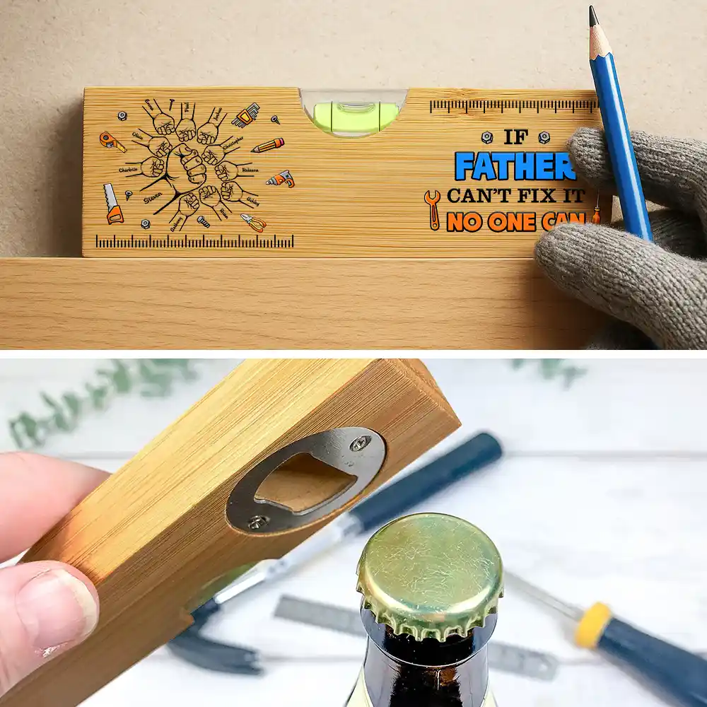 Gift For Father,Gift For Grandpa,Gift For Men,Happy,Vector,Humorous - Fist Bump If Dad Can't Fix It No One Can - Personalized Bottle Opener Wood Level