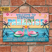 Flamingo Paradise Welcome To Where Neighbors Custom Wood Rectangle Sign