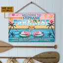 Flamingo Paradise Welcome To Where Neighbors Custom Wood Rectangle Sign