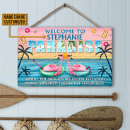 Flamingo Paradise Welcome To Where Neighbors Custom Wood Rectangle Sign