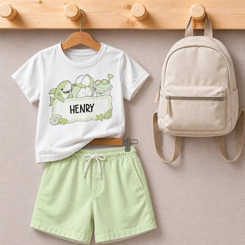 Gift For Kids, Beach, Summer, Adorable, Icon - Flamingo Shark Summer Custom Name - Personalized Kids Clothing Set