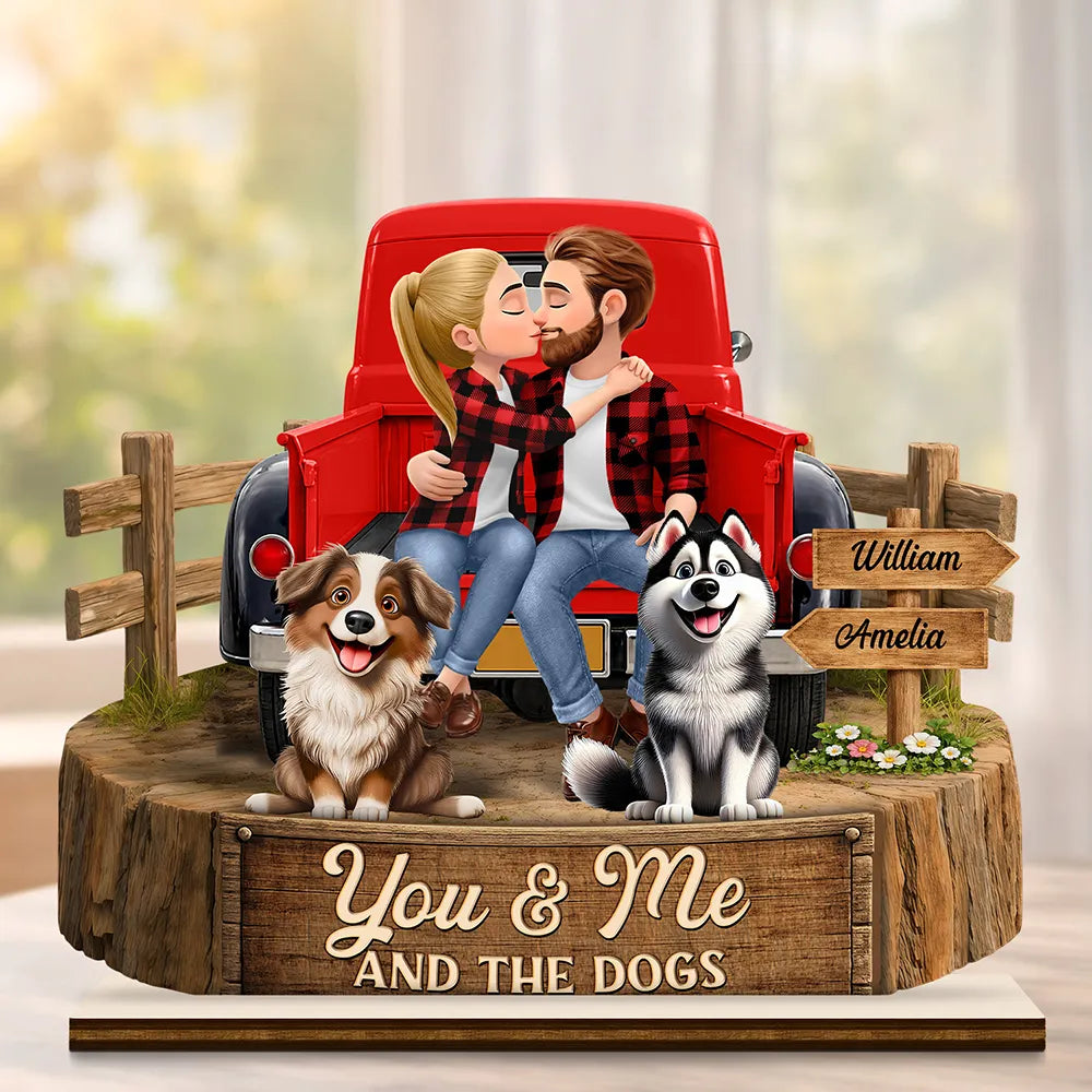 Gift For Couples,Old Couples,Gift For Husband,Gift For Wife,Gift For Boyfriend,Gift For Girlfriend,LGBT,Pet Lovers,Pet Couple,Dog Lovers,Dog Couple,Love - Flannel Couple You & Me And The Dogs - Personalized Custom Shaped Wooden Plaque