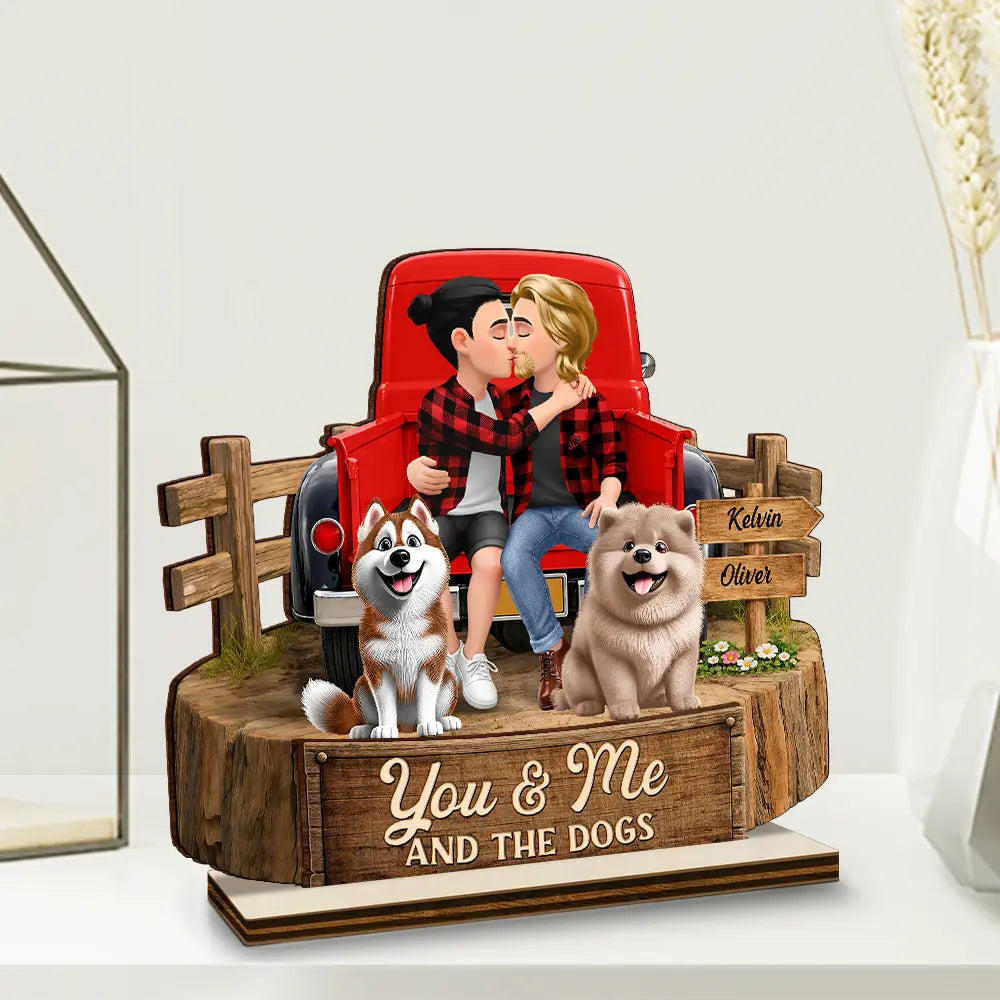 Gift For Couples,Old Couples,Gift For Husband,Gift For Wife,Gift For Boyfriend,Gift For Girlfriend,LGBT,Pet Lovers,Pet Couple,Dog Lovers,Dog Couple,Love - Flannel Couple You & Me And The Dogs - Personalized Custom Shaped Wooden Plaque