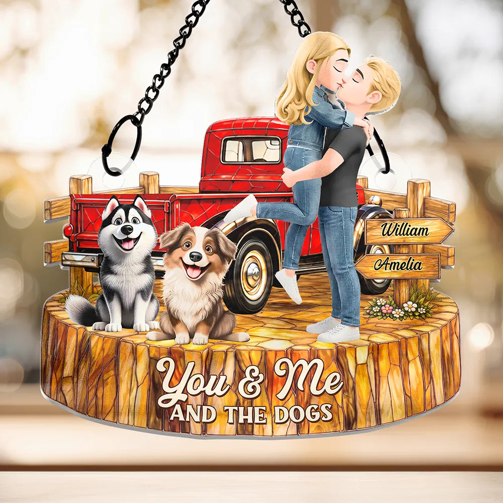 Gift For Couples, Dog Couple, Pet Lovers, Dog Lovers, Summer, Romantic, Vector - Flannel Couple You & Me And The Dogs - Personalized Window Hanging Suncatcher Ornament