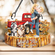 Gift For Couples, Dog Couple, Pet Lovers, Dog Lovers, Summer, Romantic, Vector - Flannel Couple You & Me And The Dogs - Personalized Window Hanging Suncatcher Ornament