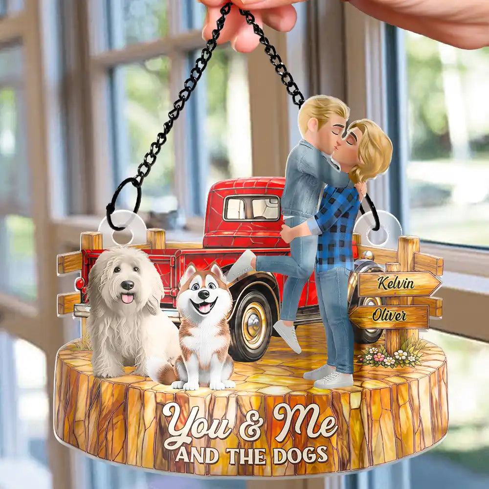 Gift For Couples, Dog Couple, Pet Lovers, Dog Lovers, Summer, Romantic, Vector - Flannel Couple You & Me And The Dogs - Personalized Window Hanging Suncatcher Ornament