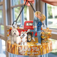 Gift For Couples, Dog Couple, Pet Lovers, Dog Lovers, Summer, Romantic, Vector - Flannel Couple You & Me And The Dogs - Personalized Window Hanging Suncatcher Ornament