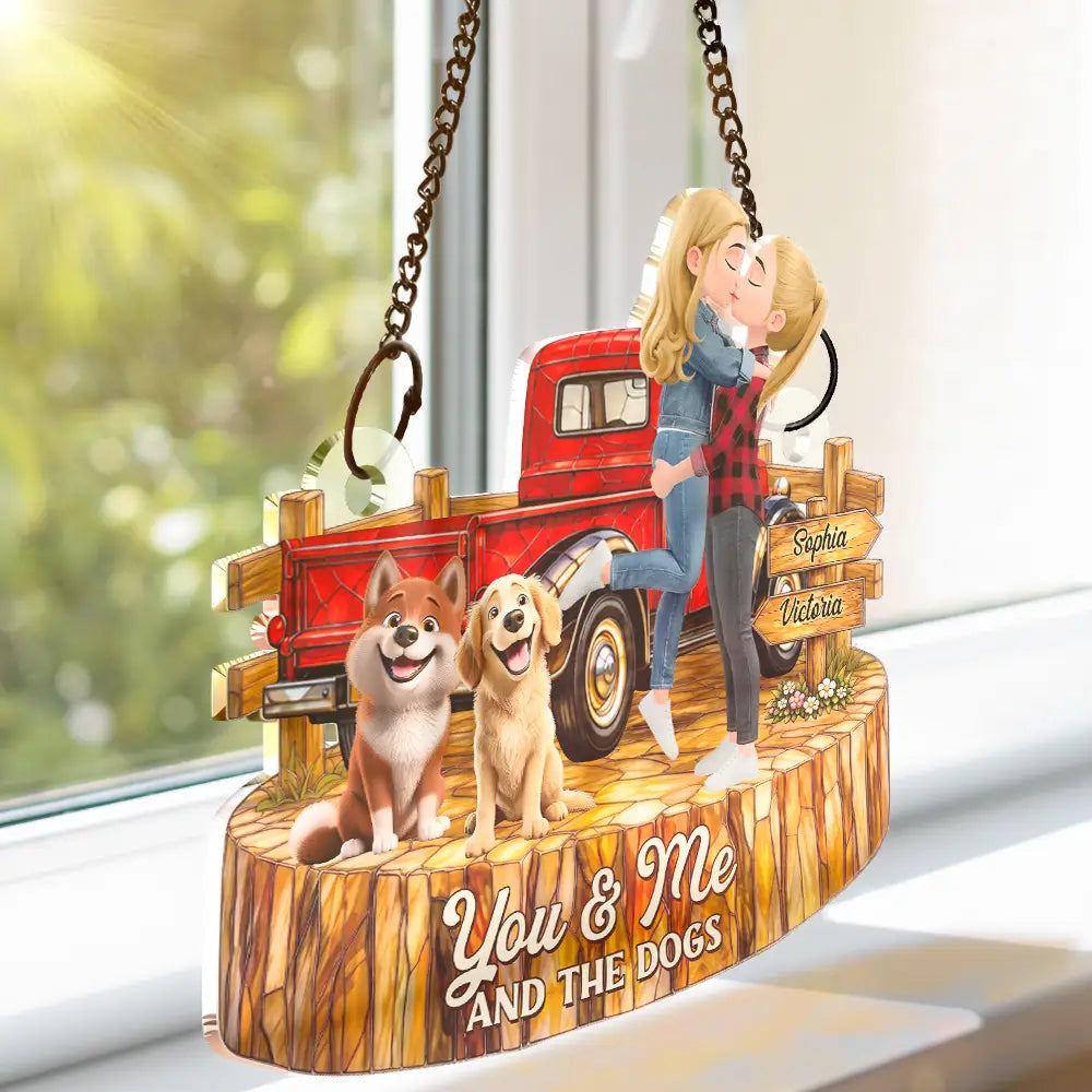 Gift For Couples, Dog Couple, Pet Lovers, Dog Lovers, Summer, Romantic, Vector - Flannel Couple You & Me And The Dogs - Personalized Window Hanging Suncatcher Ornament