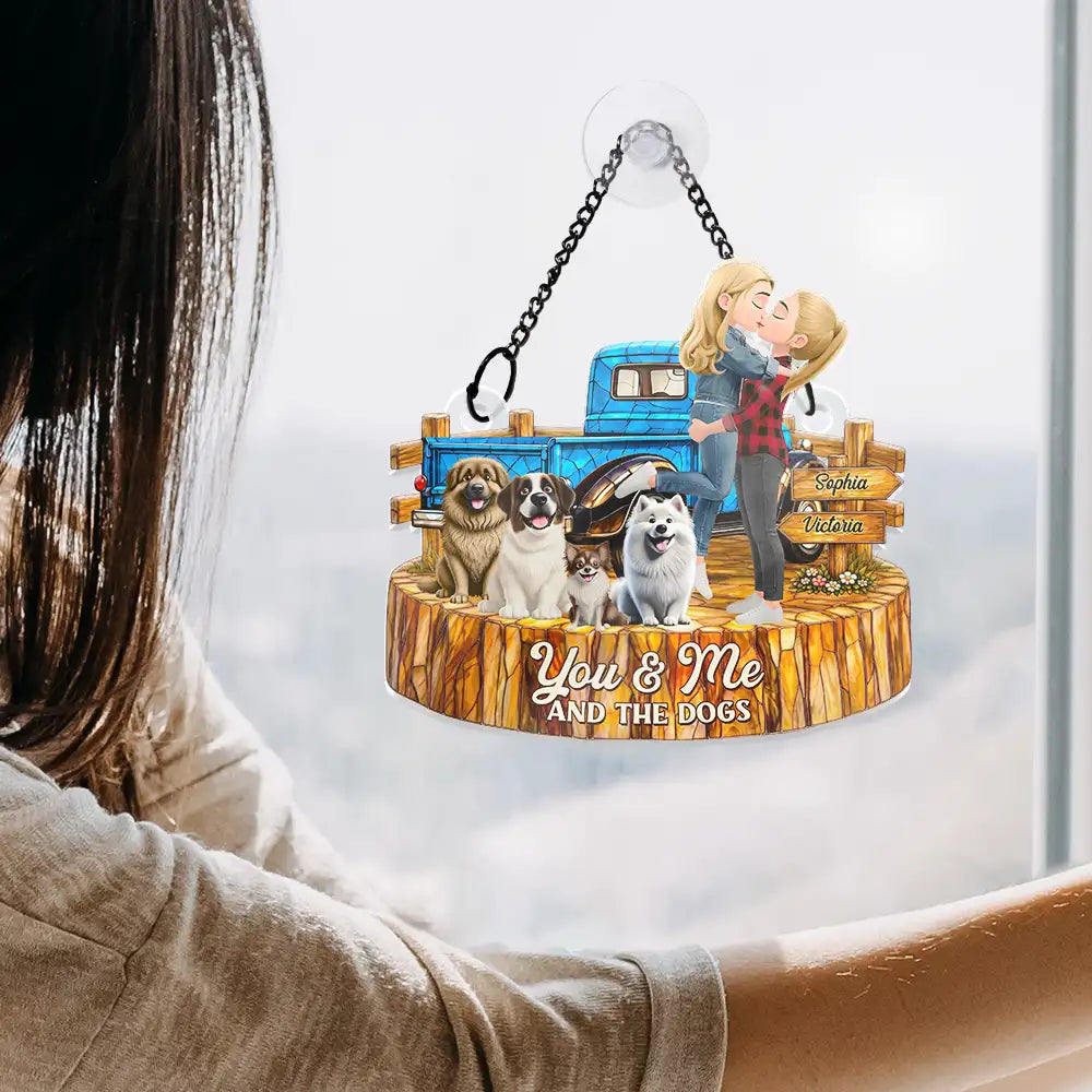 Gift For Couples, Dog Couple, Pet Lovers, Dog Lovers, Summer, Romantic, Vector - Flannel Couple You & Me And The Dogs - Personalized Window Hanging Suncatcher Ornament