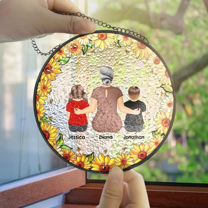 Gift For Wife,Gift For Women,Gift For Yourself,Gift For Mother,Gift For Aunt,Gift For Grandma,Gift For Daughter,Gift For Sisters,Single Mom,Mom - Daughters (Adult),Mom - Daughters (Young),Mom - Sons,Mom - Children,Grandma - Grandkids,Love - Floral Frame Grandma Mother And Children - Personalized Stained Glass Window Hanging Suncatcher