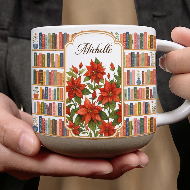Christmas,Cozy,Reading,Gift For Yourself,Icon - Floral Bookself Reading Mug - Personalized Pottery Mug