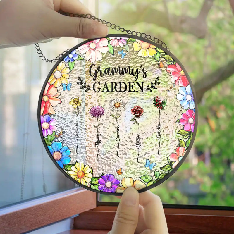 Gift For Women, Gift For Yourself, Gift For Mother, Gift For Grandma, Love - Floral Frame Birth Flower Grandma's Garden - Personalized Stained Glass Window Hanging Suncatcher