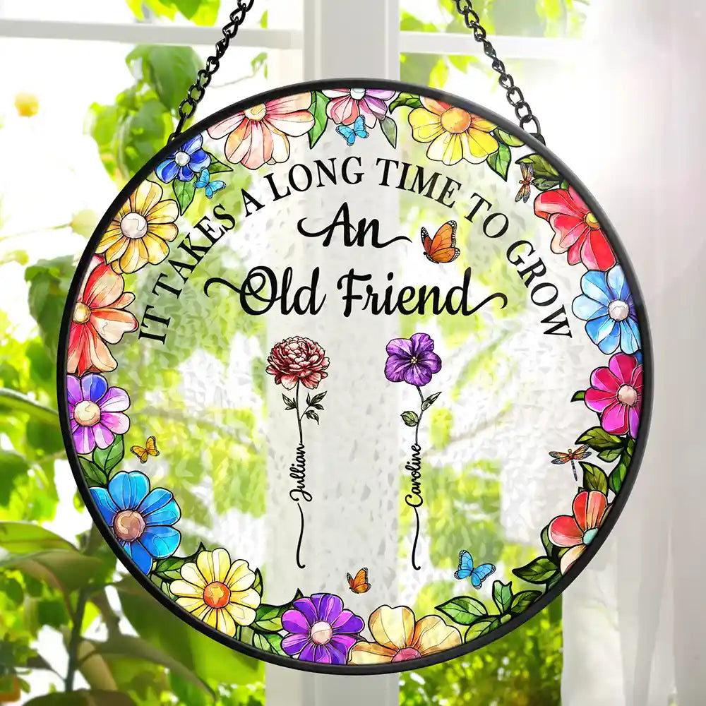 Floral Frame Grow An Old Friend - Personalized Stained Glass Window Hanging Suncatcher