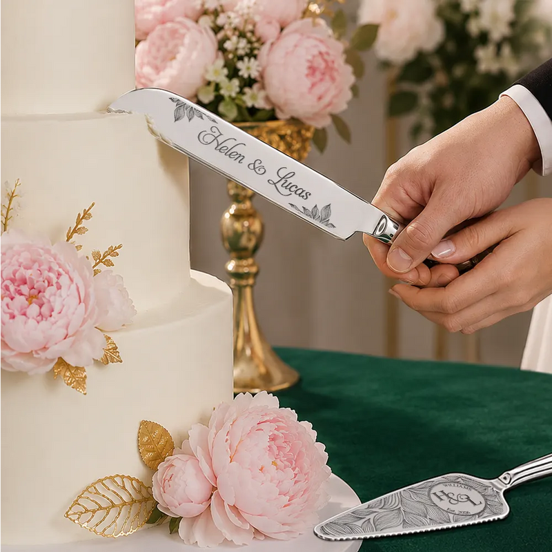 Romantic, Gift For Couples, Wedding, Custom Text - Floral Pattern Couple Wedding - Personalized Cake Cutting Set