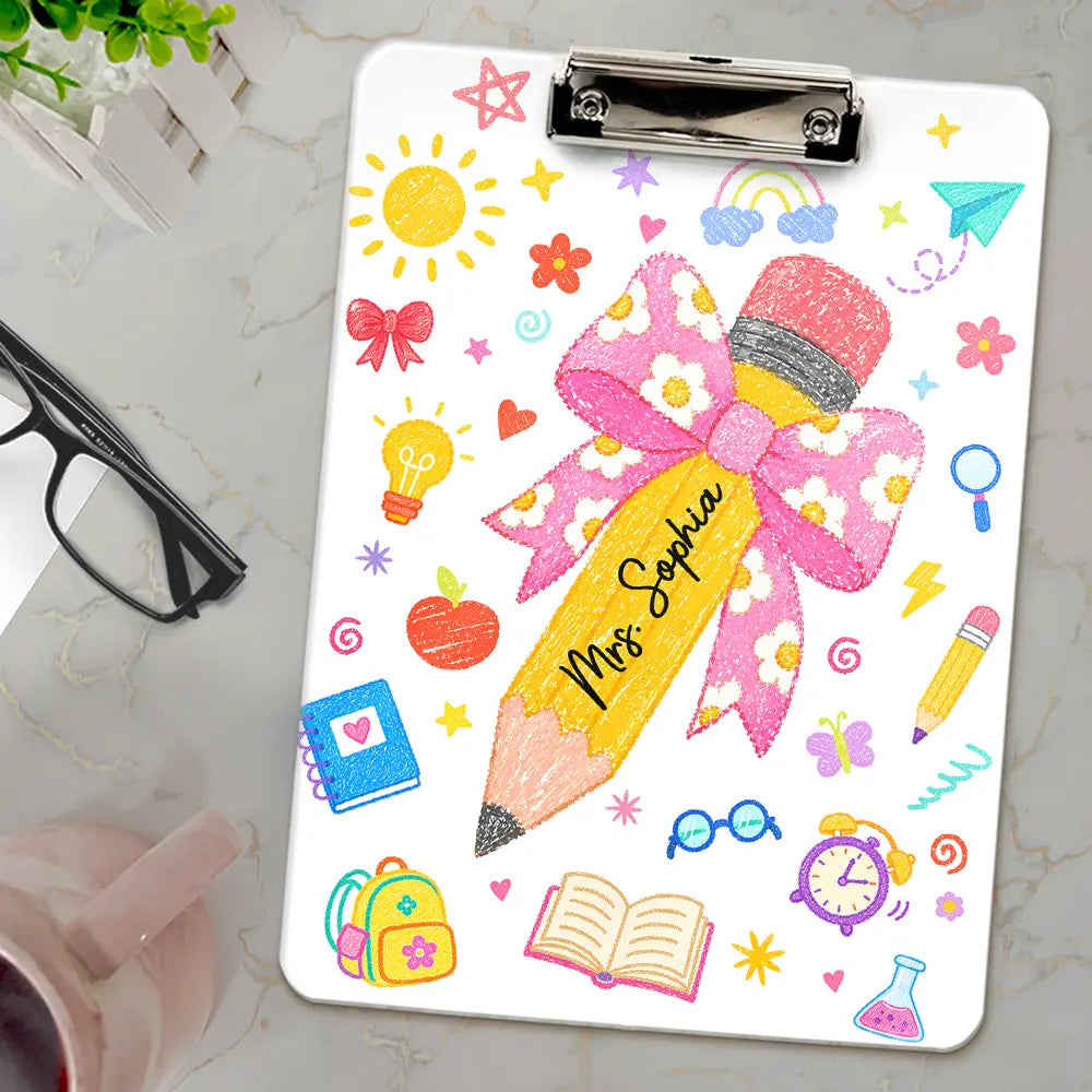 Floral Pencil With Name - Personalized Acrylic Clipboard