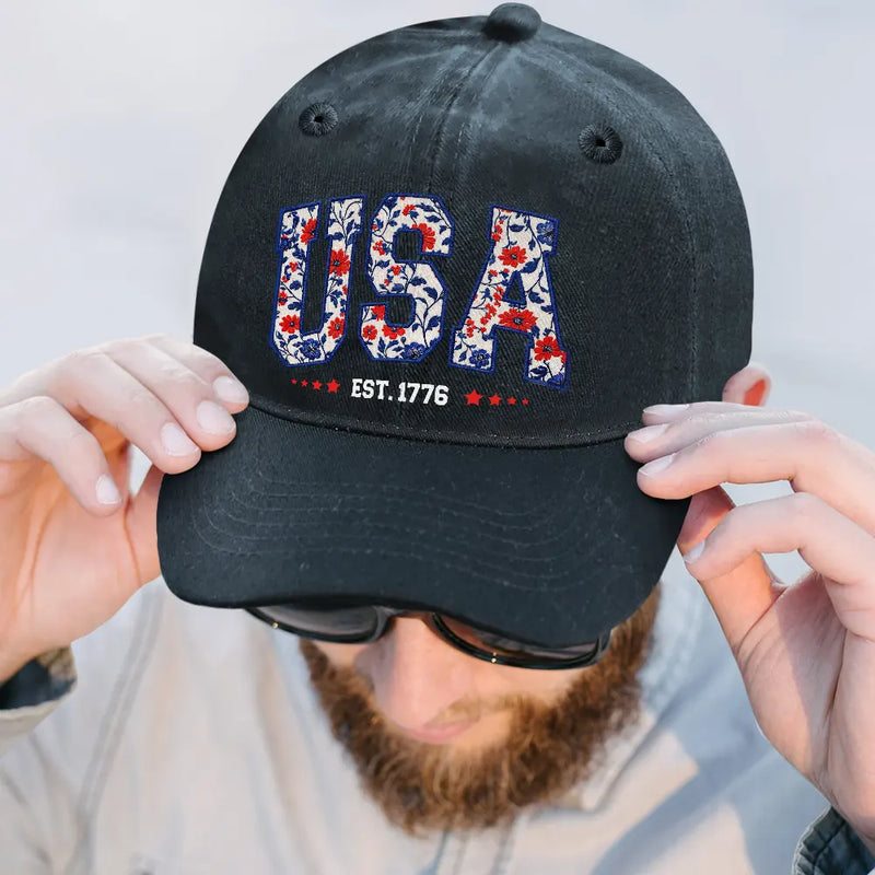Independence Day,America 250th,Gift For Yourself,Happy,No Custom,Gift For Women,Gift For Men - Floral USA - Vintage Washed Denim Cap