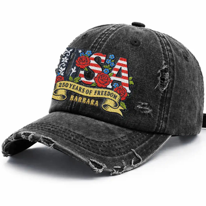 Floral USA 250th Anniversary - Personalized Embroidered Distressed Cap