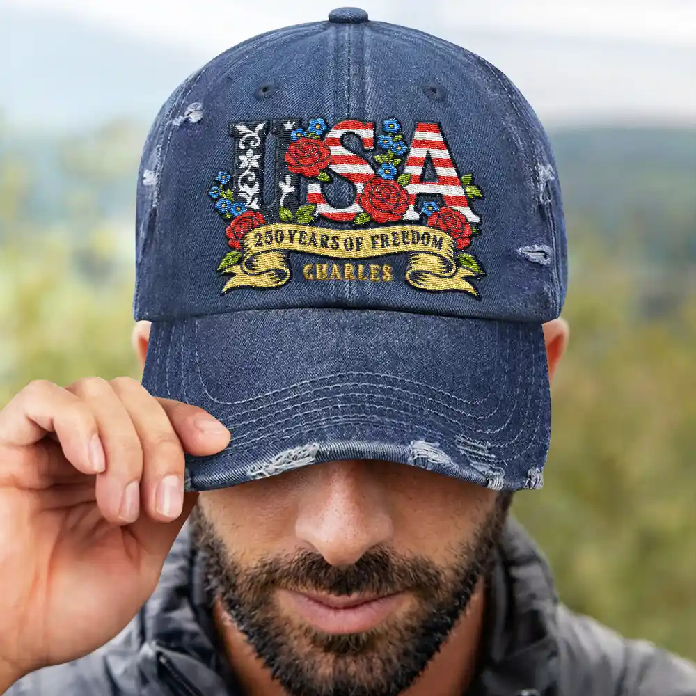 Floral USA 250th Anniversary - Personalized Embroidered Distressed Cap