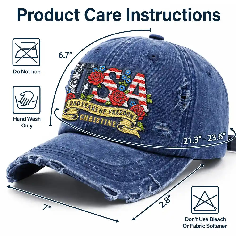Floral USA 250th Anniversary - Personalized Embroidered Distressed Cap
