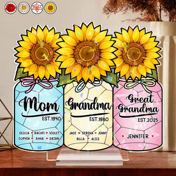 Gift For Yourself, Gift For Women, Gift For Mother, Gift For Grandma, Love - Flower Mason Jar Mom Grandma Great Grandma - Personalized Holographic Acrylic Plaque