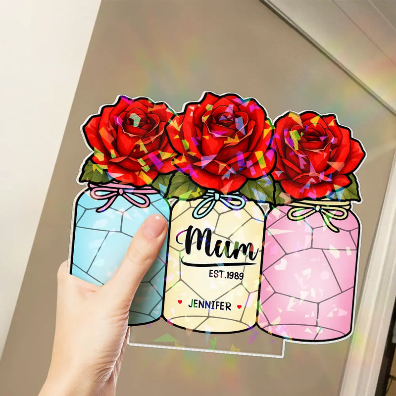 Gift For Yourself, Gift For Women, Gift For Mother, Gift For Grandma, Love - Flower Mason Jar Mom Grandma Great Grandma - Personalized Holographic Acrylic Plaque