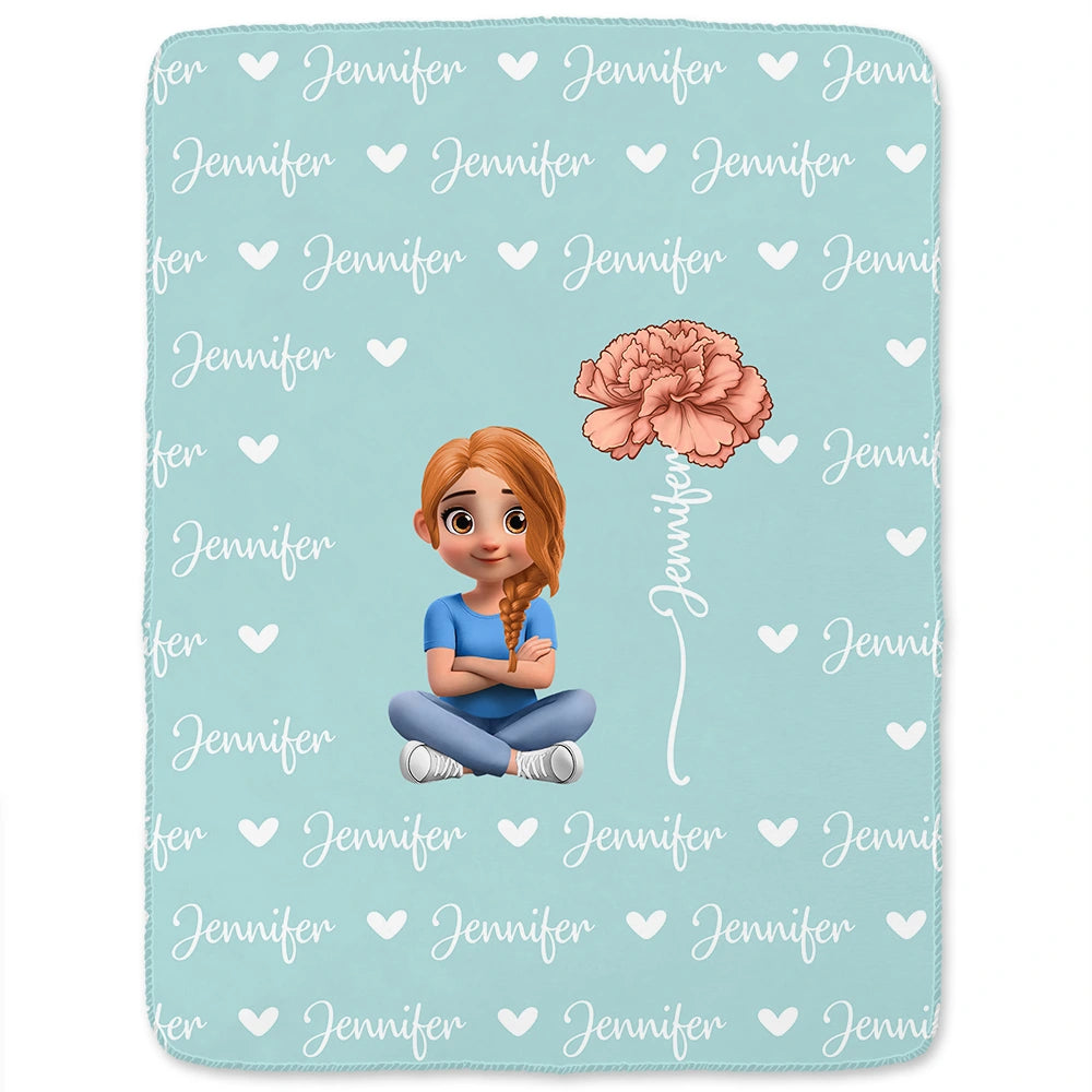 Gift For Kids,Gift For Grandkids,Happy - Flower Birth Month & Name Cute 3D Version - Personalized Fleece Blanket, Sherpa Blanket