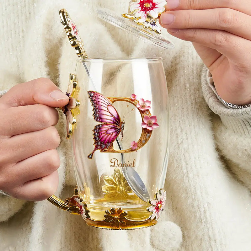 Gift For Yourself,Gift For Women,Gift For Men - Flower Butterfly Monogram - Personalized Glass Flower Tea Cup
