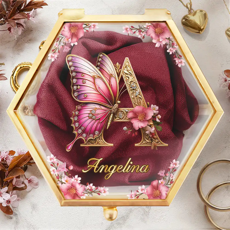 Gift For Yourself,Gift For Women,Gift For Men - Flower Butterfly Monogram - Personalized Glass Jewelry Box
