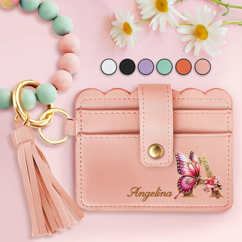Gift For Yourself,Gift For Women,Happy,Gift For Bestie  - Flower Butterfly Monogram - Personalized Keychain Wristlet Leather Wallet