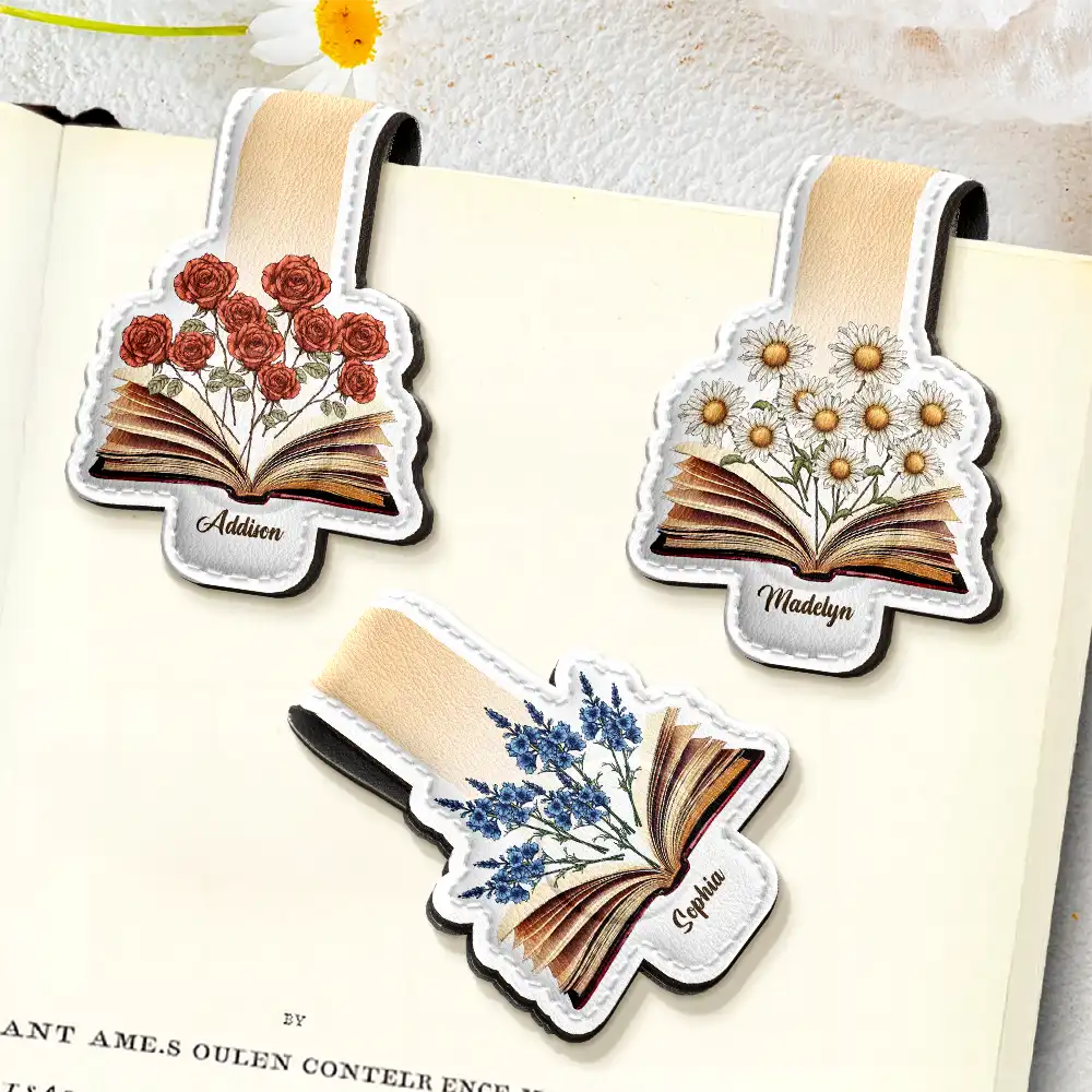 Flowers Growing From Book - Personalized Custom Shaped Leather Magnetic Bookmark