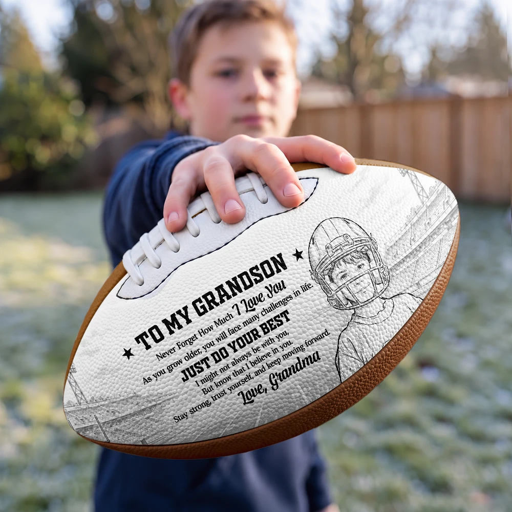 Art Design, Custom Photo, Football, Gift For Grandma, Gifts For Her, Grandma - Grandson, Photo - Pencil Sketch - Bold, Sentimental - Football Birthday Gift For Grandson - Personalized Custom Photo Pencil Sketch I Believe In You Leather Football