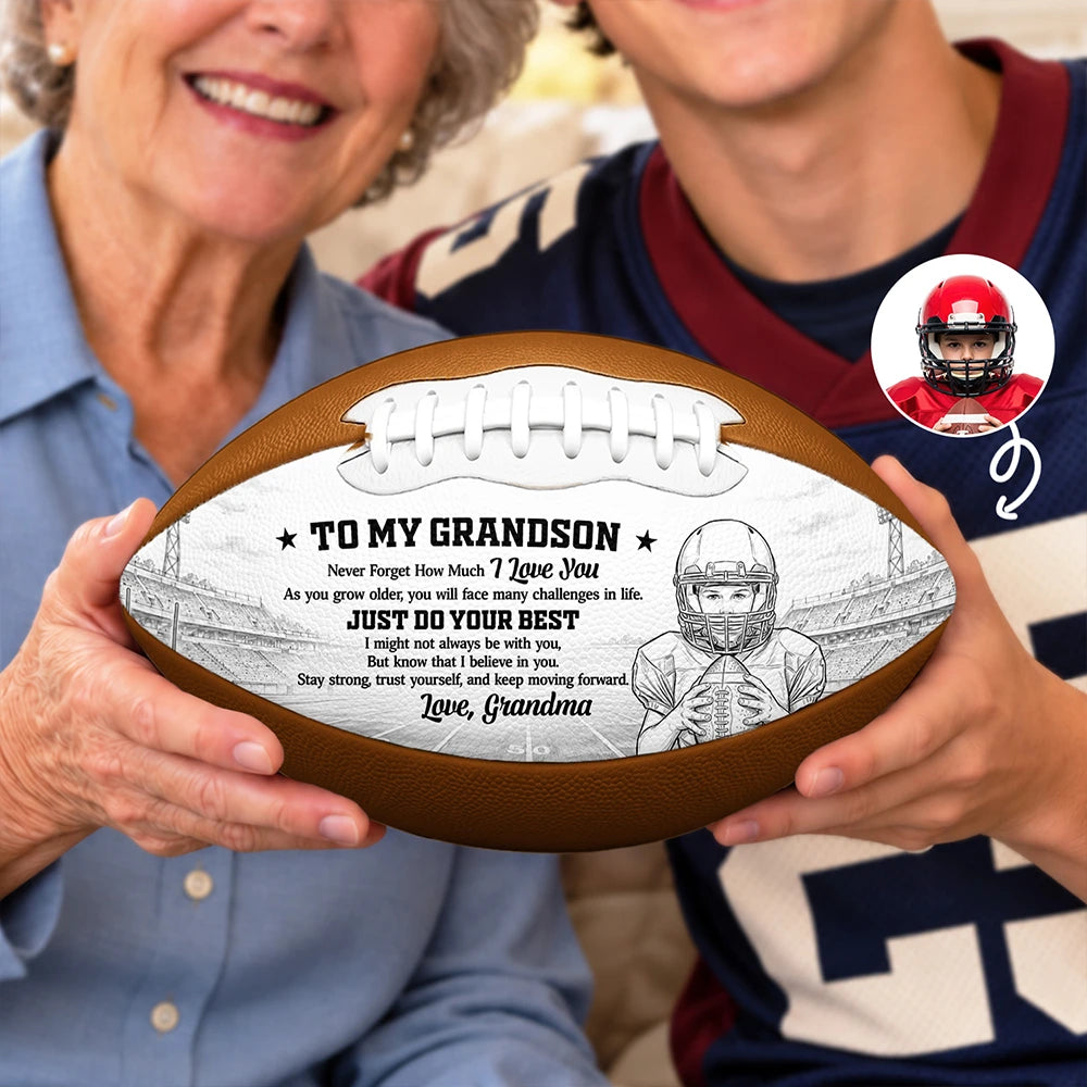 Art Design, Custom Photo, Football, Gift For Grandma, Gifts For Her, Grandma - Grandson, Photo - Pencil Sketch - Bold, Sentimental - Football Birthday Gift For Grandson - Personalized Custom Photo Pencil Sketch I Believe In You Leather Football