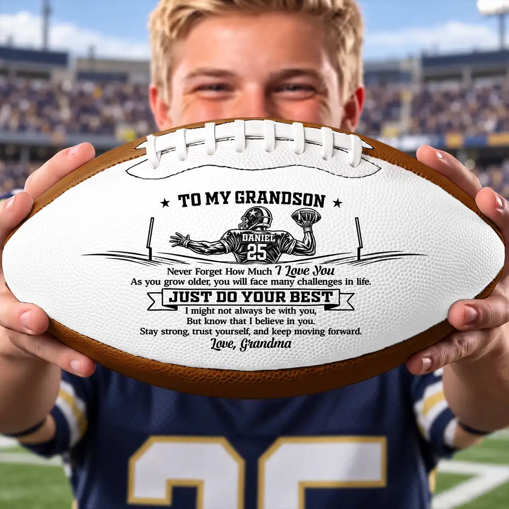 Football,Gift For Grandma,Gifts For Her,Grandma - Grandson,Icon,Sentimental,Top Market - Football Birthday Gift For Grandson - Personalized Name Number All Heart On Game Day Leather Football