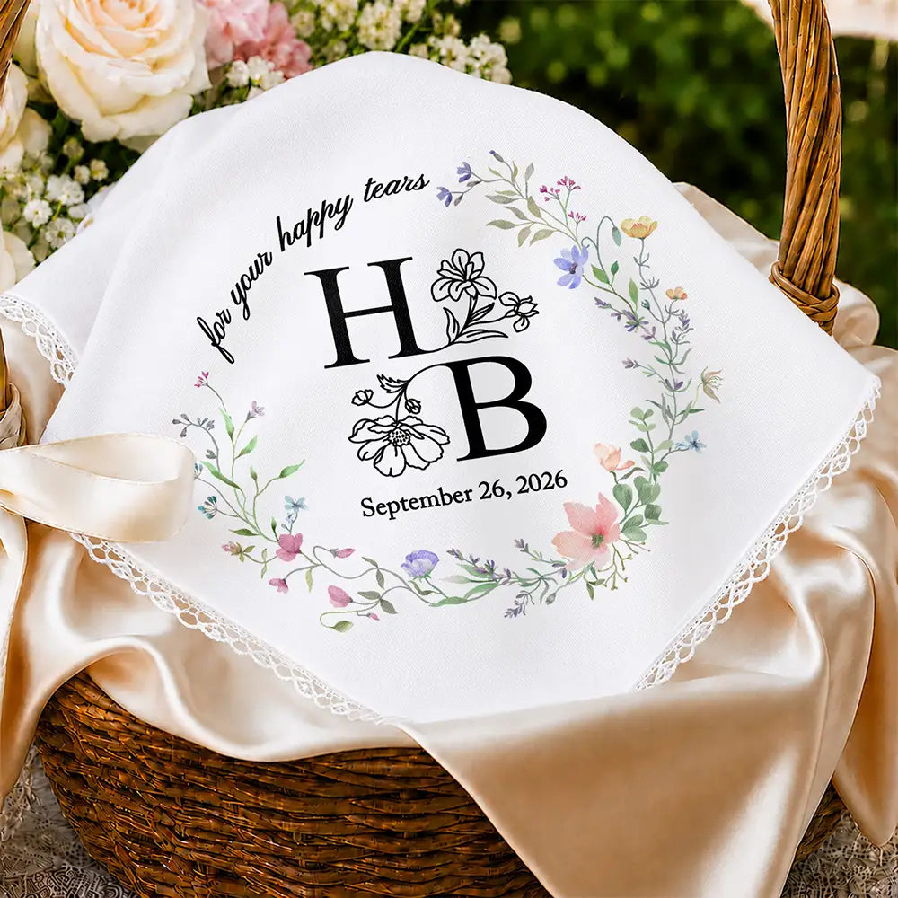For Your Happy Tears Couple Initials & Birth Flowers - Personalized Handkerchief