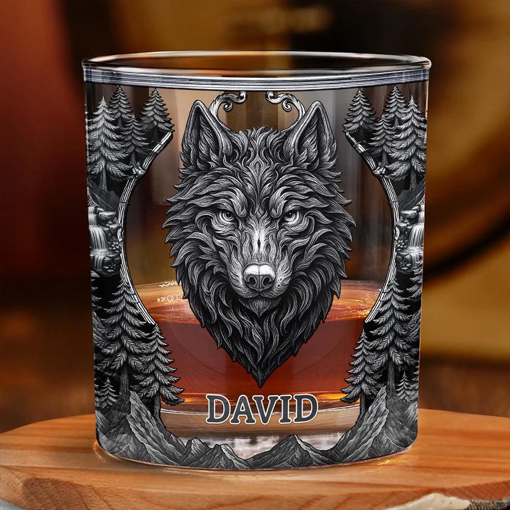 Gift For Yourself,Gift For Men,Happy - Forest Alpha Wolf Favorite Spirit Is Whiskey - Personalized Whiskey Glass