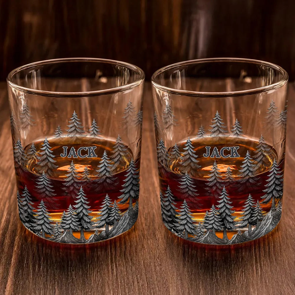 Gift For Men,Gift For Yourself,Dad's Hobby,Gift For Father,Happy - Forest & Clouds Camping Vibe Nature Inspired - Personalized Whiskey Glass