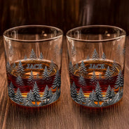 Gift For Men,Gift For Yourself,Dad's Hobby,Gift For Father,Happy - Forest & Clouds Camping Vibe Nature Inspired - Personalized Whiskey Glass