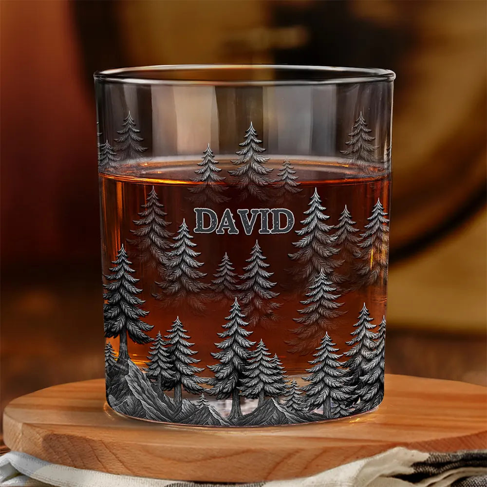 Gift For Men,Gift For Yourself,Dad's Hobby,Gift For Father,Happy - Forest & Clouds Camping Vibe Nature Inspired - Personalized Whiskey Glass
