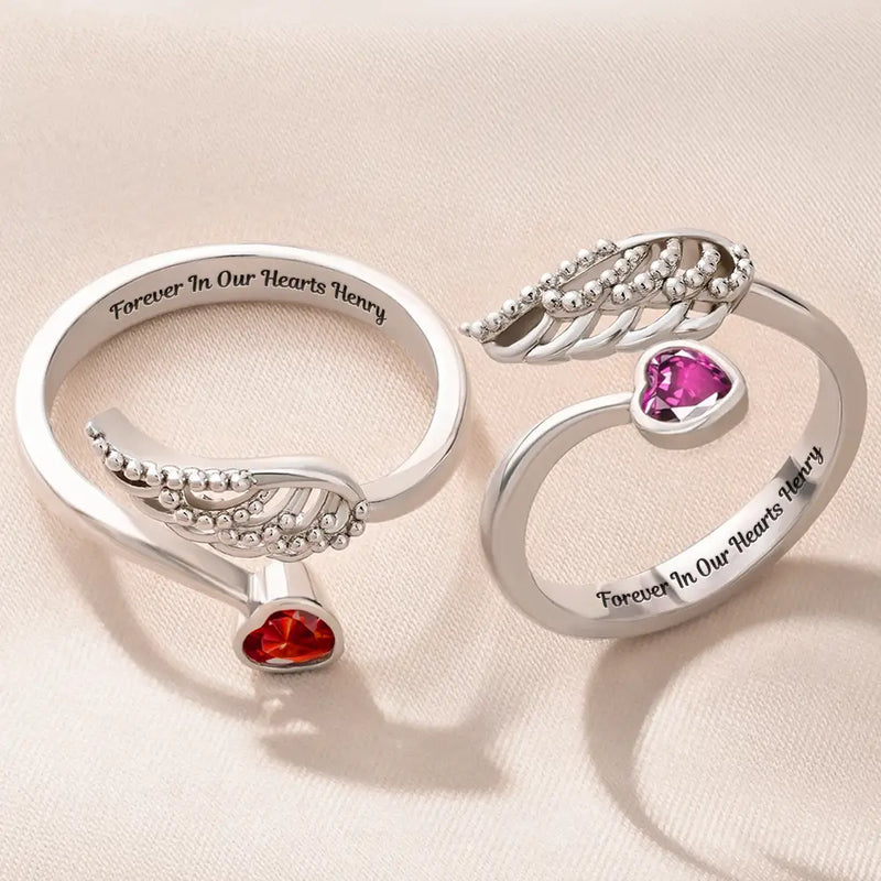 Memorial,Gift For Yourself,Gift For Women,Sad - Forever In My Heart Memorial - Personalized Wing And Heart Birthstone Ring