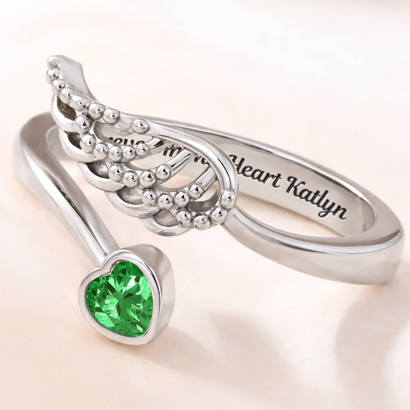 Memorial,Gift For Yourself,Gift For Women,Sad - Forever In My Heart Memorial - Personalized Wing And Heart Birthstone Ring
