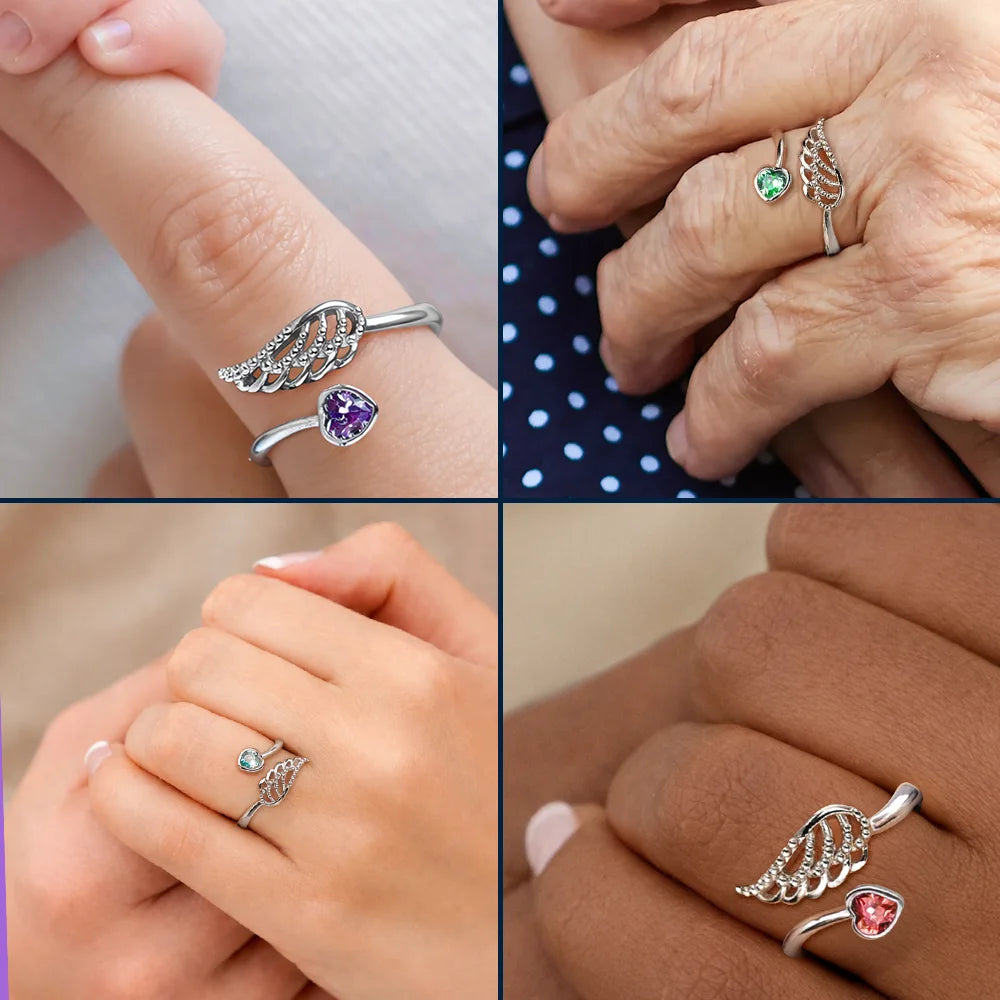 Memorial,Gift For Yourself,Gift For Women,Sad - Forever In My Heart Memorial - Personalized Wing And Heart Birthstone Ring